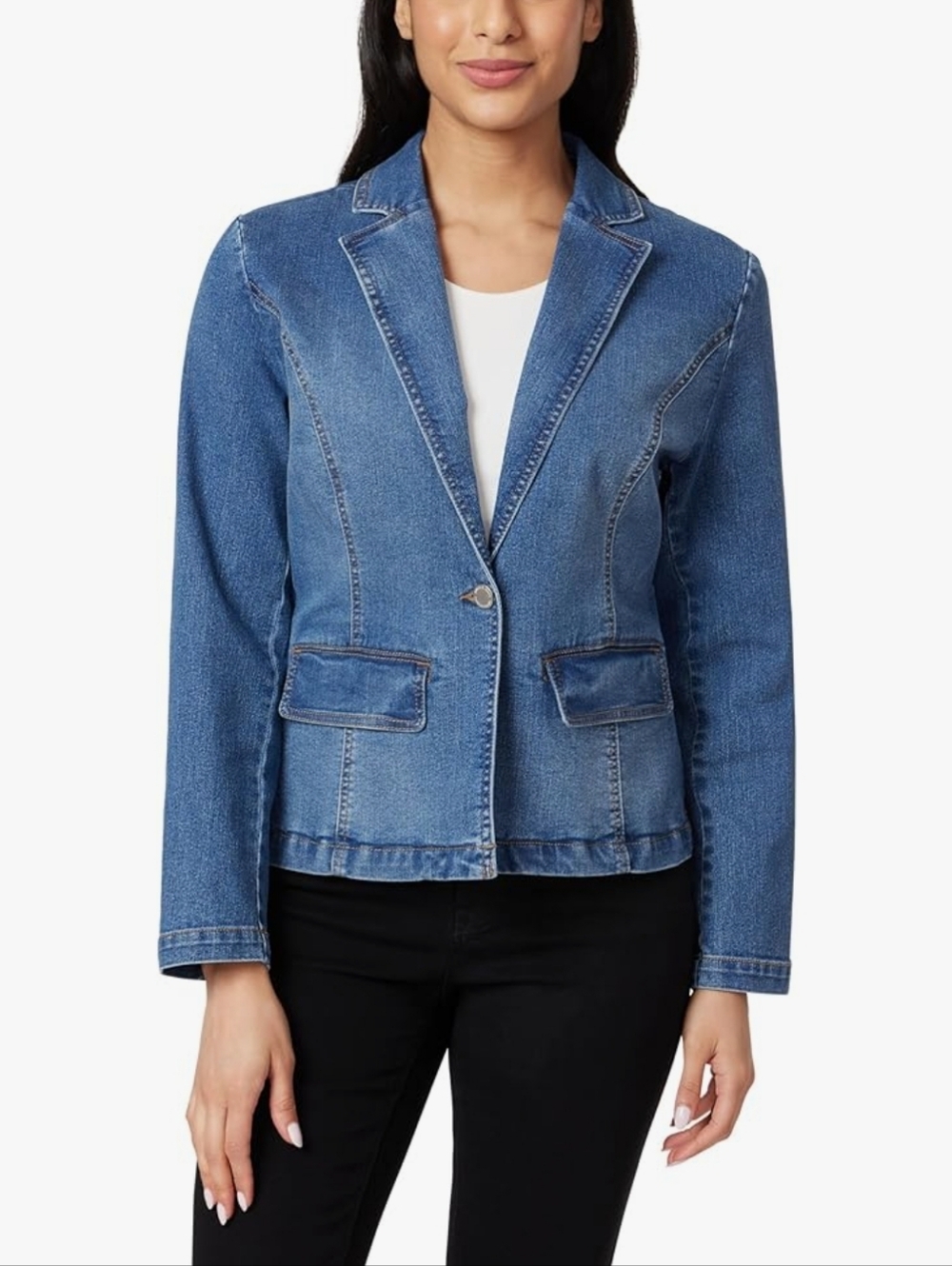 NWT Angels Forever Young Denim Blazer Jacket Blue Jean Stretch Single Button MD